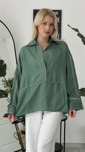 Kontrast Dikişli Yaka Detaylı Gömlek Haki