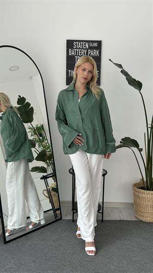 Kontrast Dikişli Yaka Detaylı Gömlek Haki