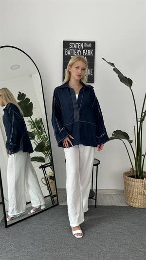 Kontrast Dikişli Yaka Detaylı Gömlek Lacivert 