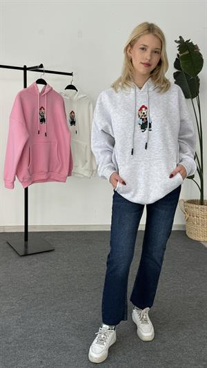 Köpek Nakışlı Üç İplik Şardonlu Sweat Gri