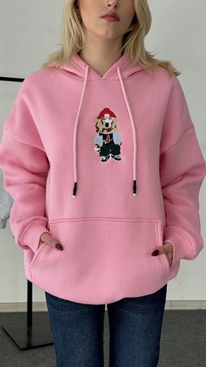 Köpek Nakışlı Üç İplik Şardonlu Sweat Pembe 