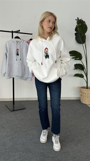 Köpek Nakışlı Üç İplik Şardonlu Sweat Beyaz 