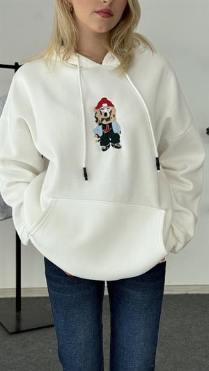 Köpek Nakışlı Üç İplik Şardonlu Sweat Beyaz 