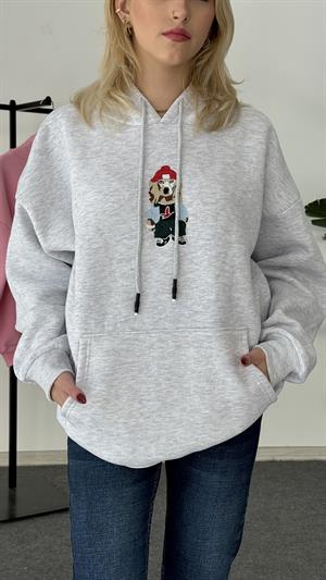 Köpek Nakışlı Üç İplik Şardonlu Sweat Gri