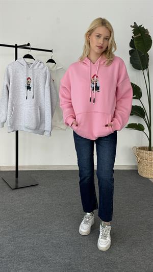 Köpek Nakışlı Üç İplik Şardonlu Sweat Pembe 