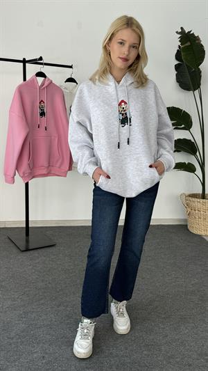 Köpek Nakışlı Üç İplik Şardonlu Sweat Gri