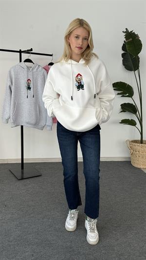 Köpek Nakışlı Üç İplik Şardonlu Sweat Beyaz 