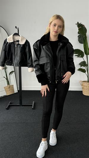 Koruklu Cep Deri Mont Siyah 