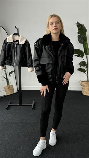 Koruklu Cep Deri Mont Siyah 