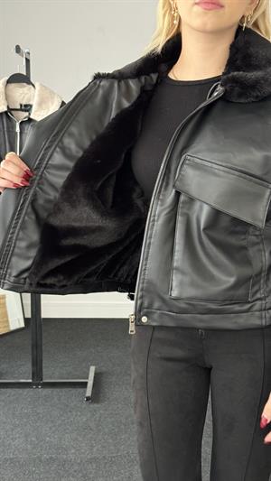 Koruklu Cep Deri Mont Siyah 