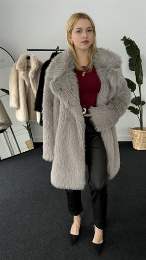 Kruvaze Yaka Suni Kürk Uzun Gri