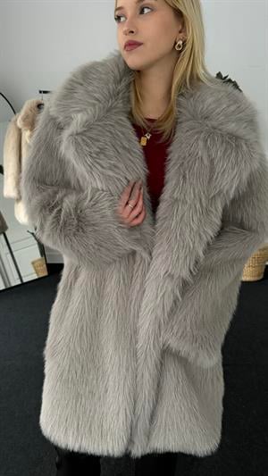 Kruvaze Yaka Suni Kürk Uzun Gri