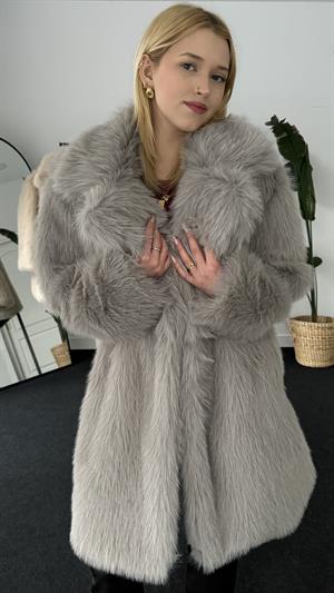 Kruvaze Yaka Suni Kürk Uzun Gri