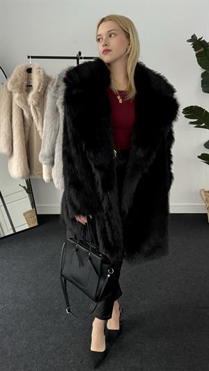 Kruvaze Yaka Suni Kürk Uzun Siyah