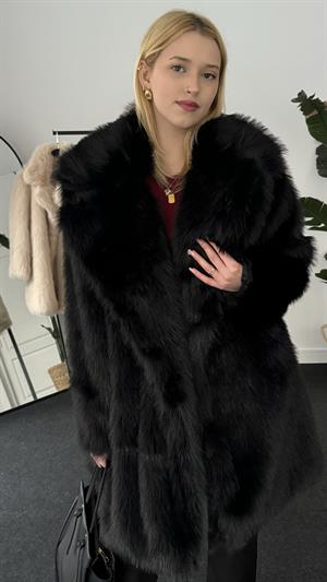 Kruvaze Yaka Suni Kürk Uzun Siyah