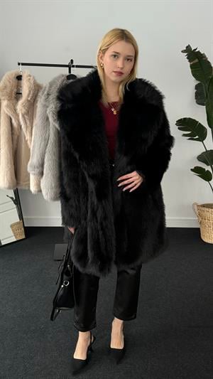 Kruvaze Yaka Suni Kürk Uzun Siyah