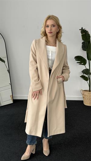 Kuşaklı Kaşe Kaban Krem