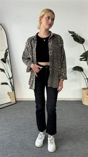 Leopar Desenli Cep Detaylı Kot Ceket