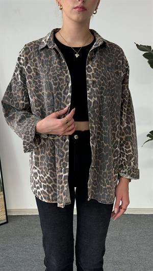 Leopar Desenli Cep Detaylı Kot Ceket