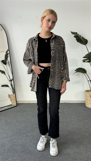 Leopar Desenli Cep Detaylı Kot Ceket