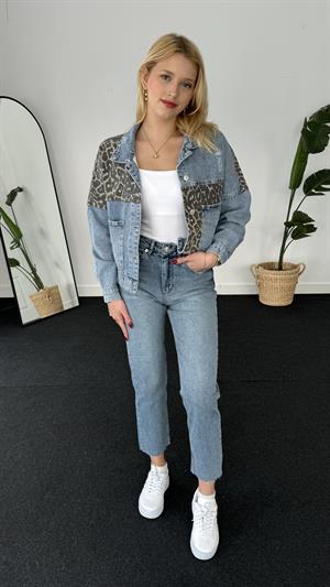 Leopar Desenli Denim Kot Ceket 