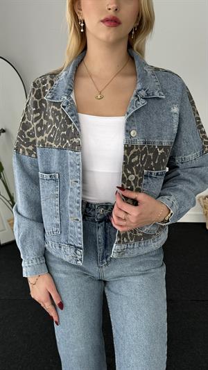 Leopar Desenli Denim Kot Ceket 