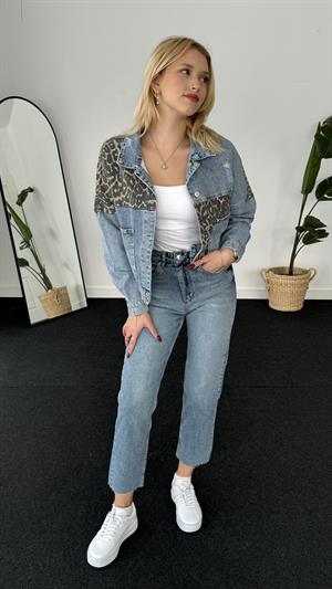Leopar Desenli Denim Kot Ceket 