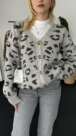 Leopar Desenli Düğme Detaylı Hırka Gri