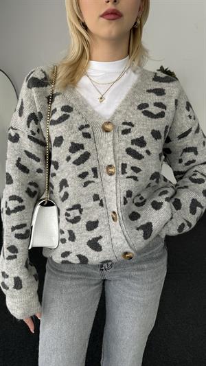 Leopar Desenli Düğme Detaylı Hırka Gri