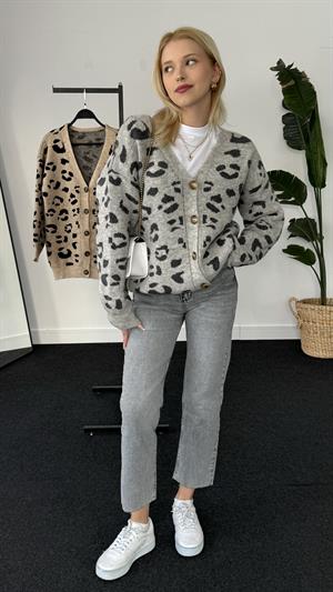 Leopar Desenli Düğme Detaylı Hırka Gri