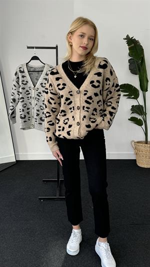 Leopar Desenli Düğme Detaylı Hırka Krem 