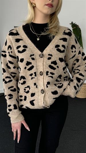 Leopar Desenli Düğme Detaylı Hırka Krem 