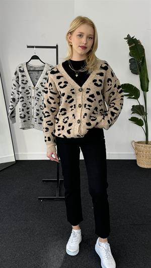 Leopar Desenli Düğme Detaylı Hırka Krem 