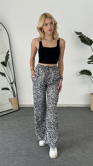 Leopar Desenli Keten Pantolon Beyaz
