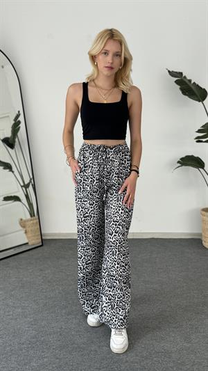 Leopar Desenli Keten Pantolon Beyaz