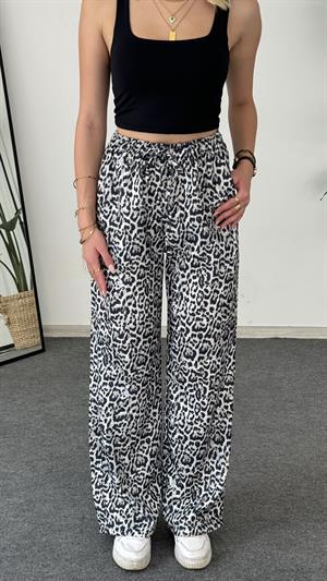 Leopar Desenli Keten Pantolon Beyaz