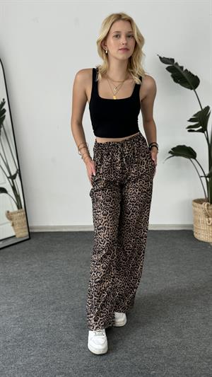 Leopar Desenli Keten Pantolon Kahverengi