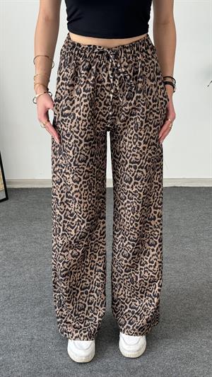 Leopar Desenli Keten Pantolon Kahverengi