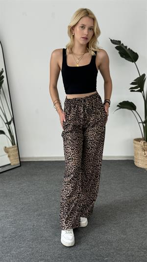 Leopar Desenli Keten Pantolon Kahverengi
