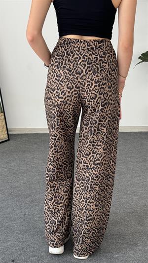 Leopar Desenli Keten Pantolon Kahverengi