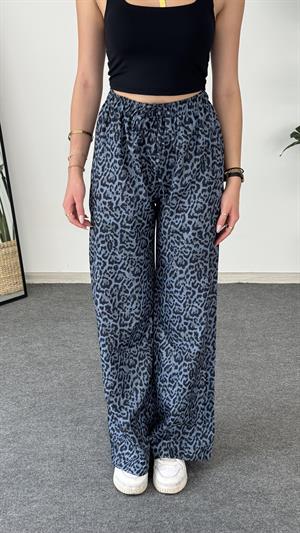 Leopar Desenli Keten Pantolon Lacivert