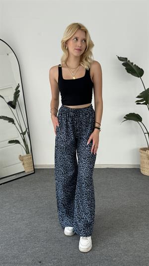 Leopar Desenli Keten Pantolon Lacivert
