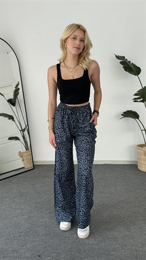 Leopar Desenli Keten Pantolon Lacivert