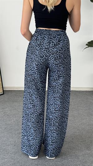 Leopar Desenli Keten Pantolon Lacivert