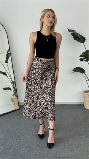 Leopar Desenli Uzun Saten Etek Kahverengi