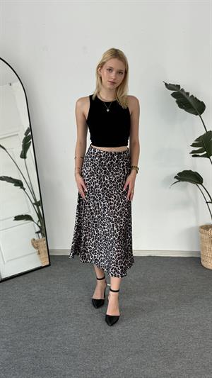 Leopar Desenli Uzun Saten Etek Siyah 