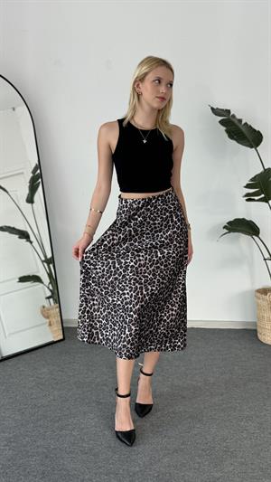 Leopar Desenli Uzun Saten Etek Siyah 