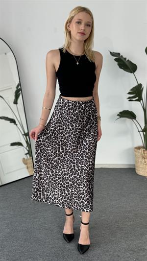 Leopar Desenli Uzun Saten Etek Siyah 