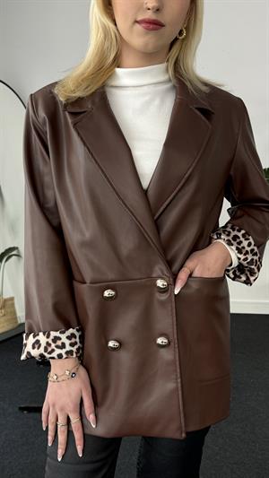 Leopar Garnili Önden Cepli Deri Ceket Kahverengi