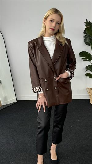 Leopar Garnili Önden Cepli Deri Ceket Kahverengi